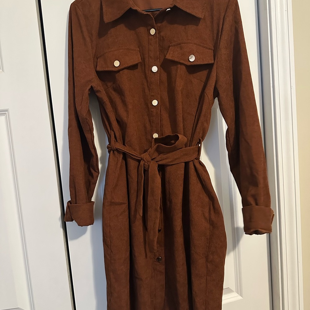 Brown Button-Up Belted Dress